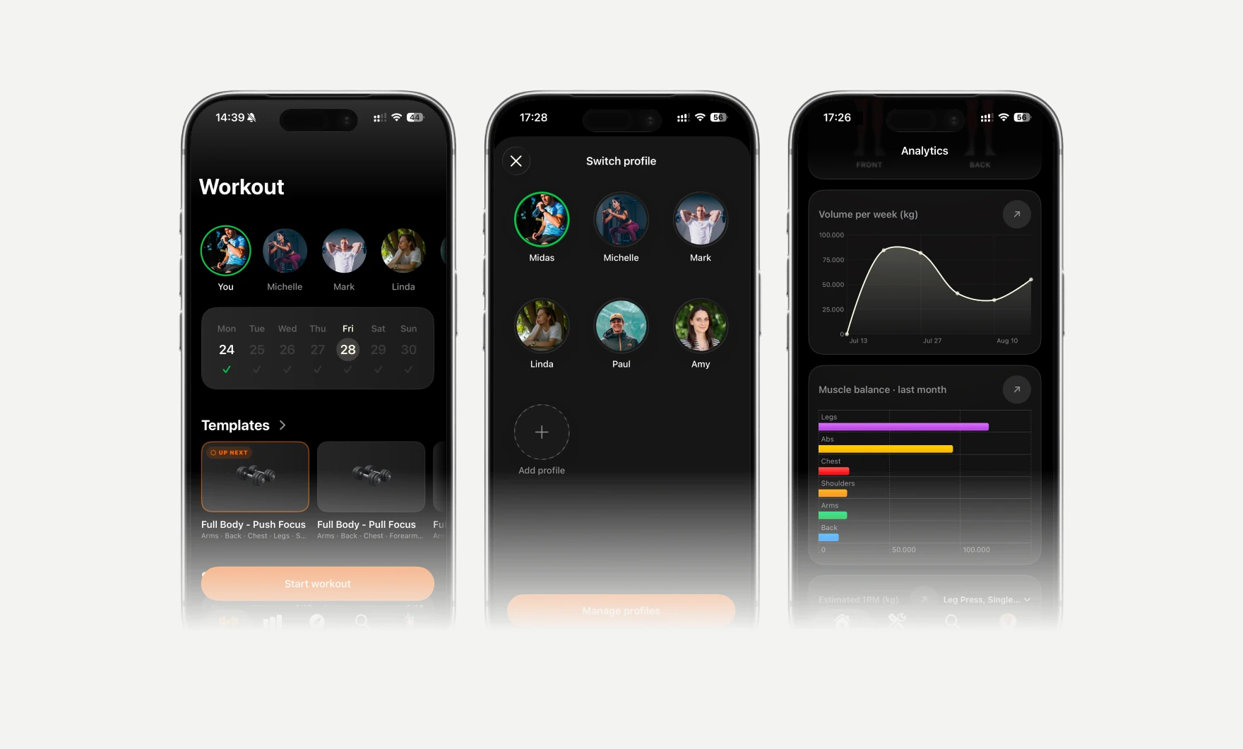 Repid workout overview, switching between profiles and analytics